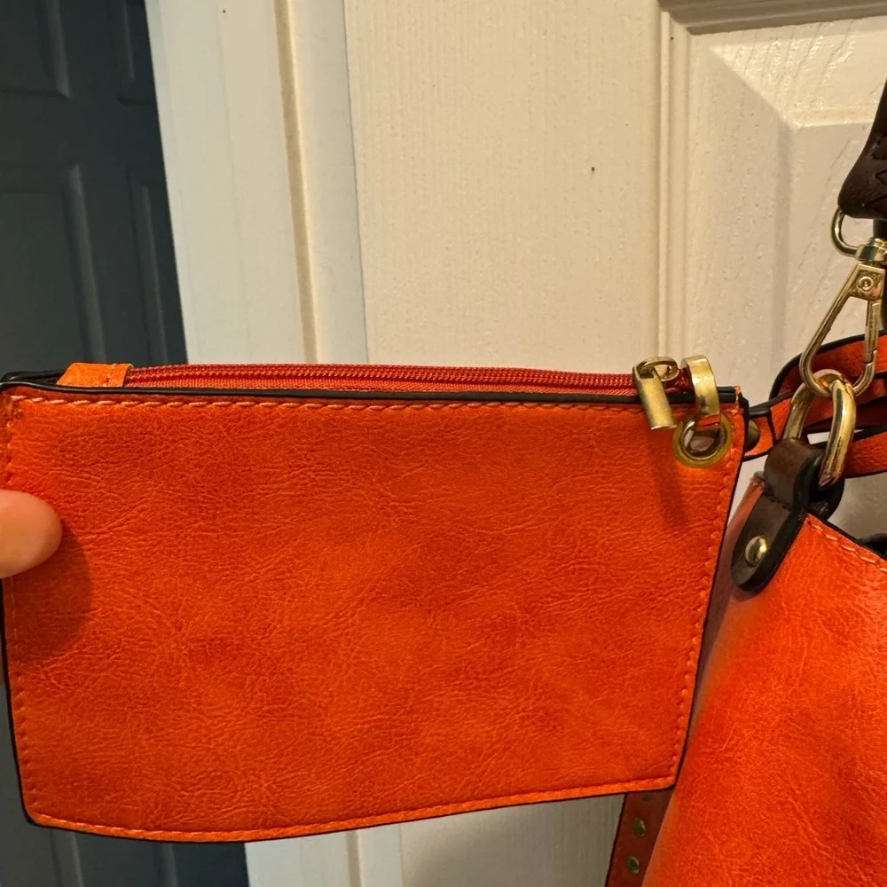 Alyssa Orange and Brown Leather‎ Shoulder Bag with Gold Clasp